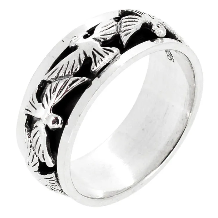 Mens Womens 8mm Silver Ring  Spinning, Spin, Stress Relief Ring Bird Design Ring 925 Silver