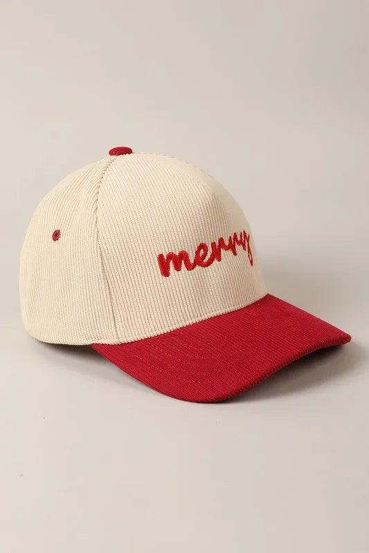 Merry Embroidered Two-Tone Corduroy Trucker Hat Christmas