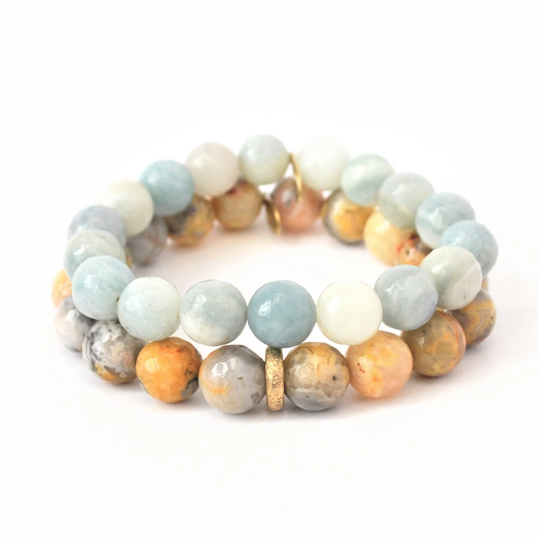 Mexican Crazy Lace Agate Bracelet with Boho Ring with Ice Aquamarine Bracelet