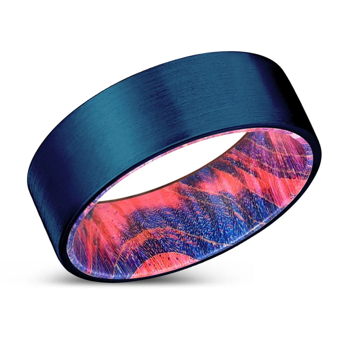 MILS | Blue & Red Wood, Blue Tungsten Ring, Brushed, Flat