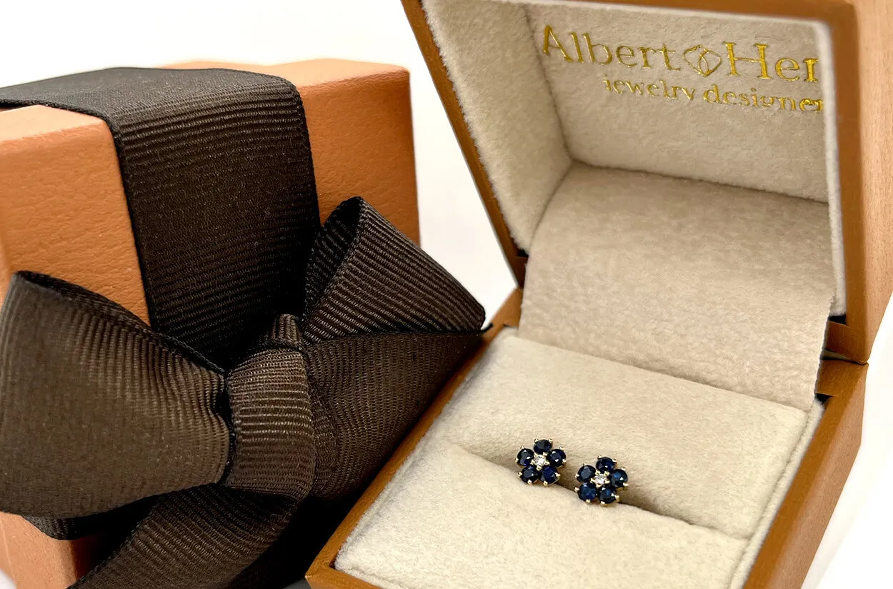 Mini Earrings 14kt Gold Flowers Sapphire & Diamonds Studs