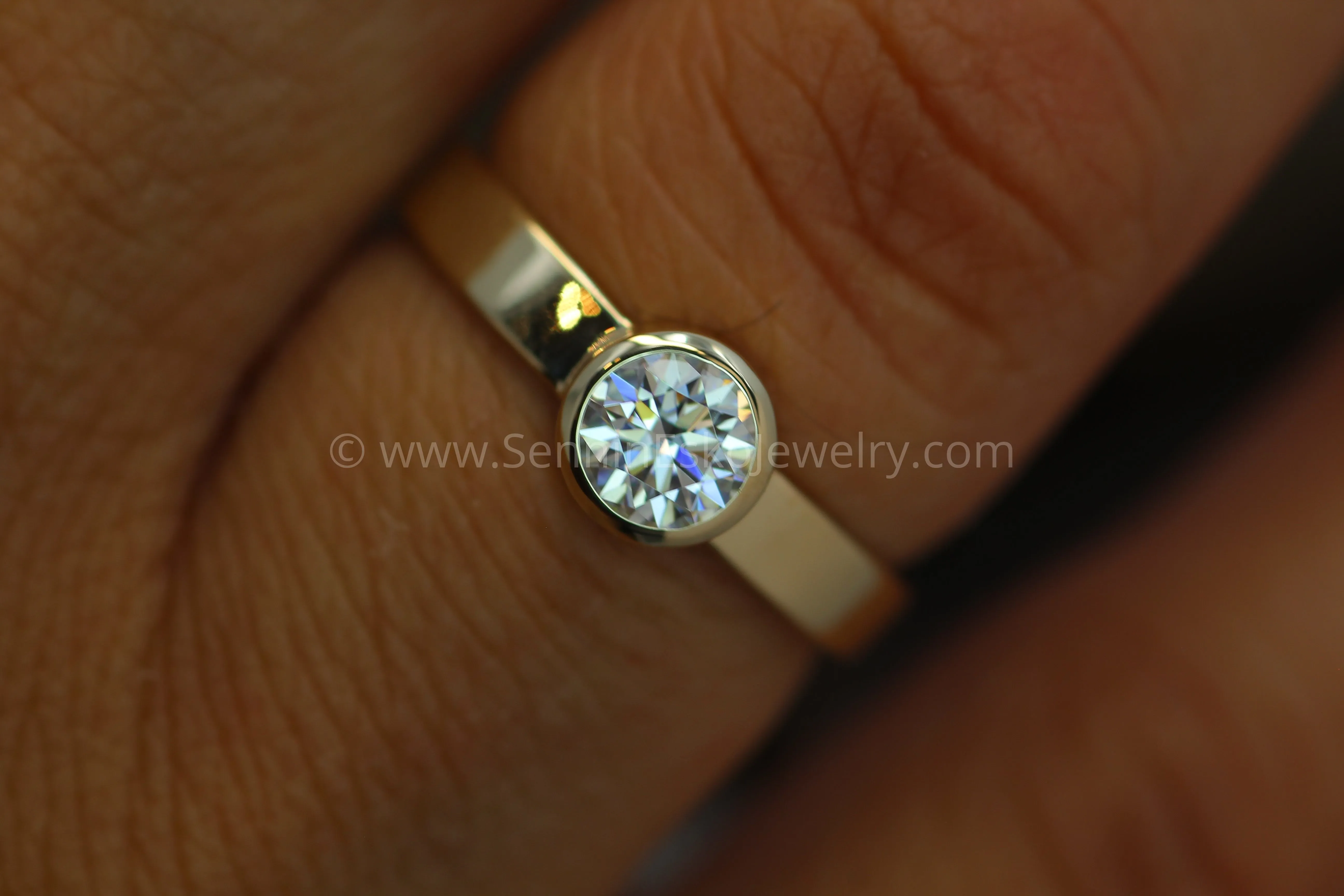 Moissanite Yellow Gold 5mm Glossy Bezel Engagement Ring - Flat Band