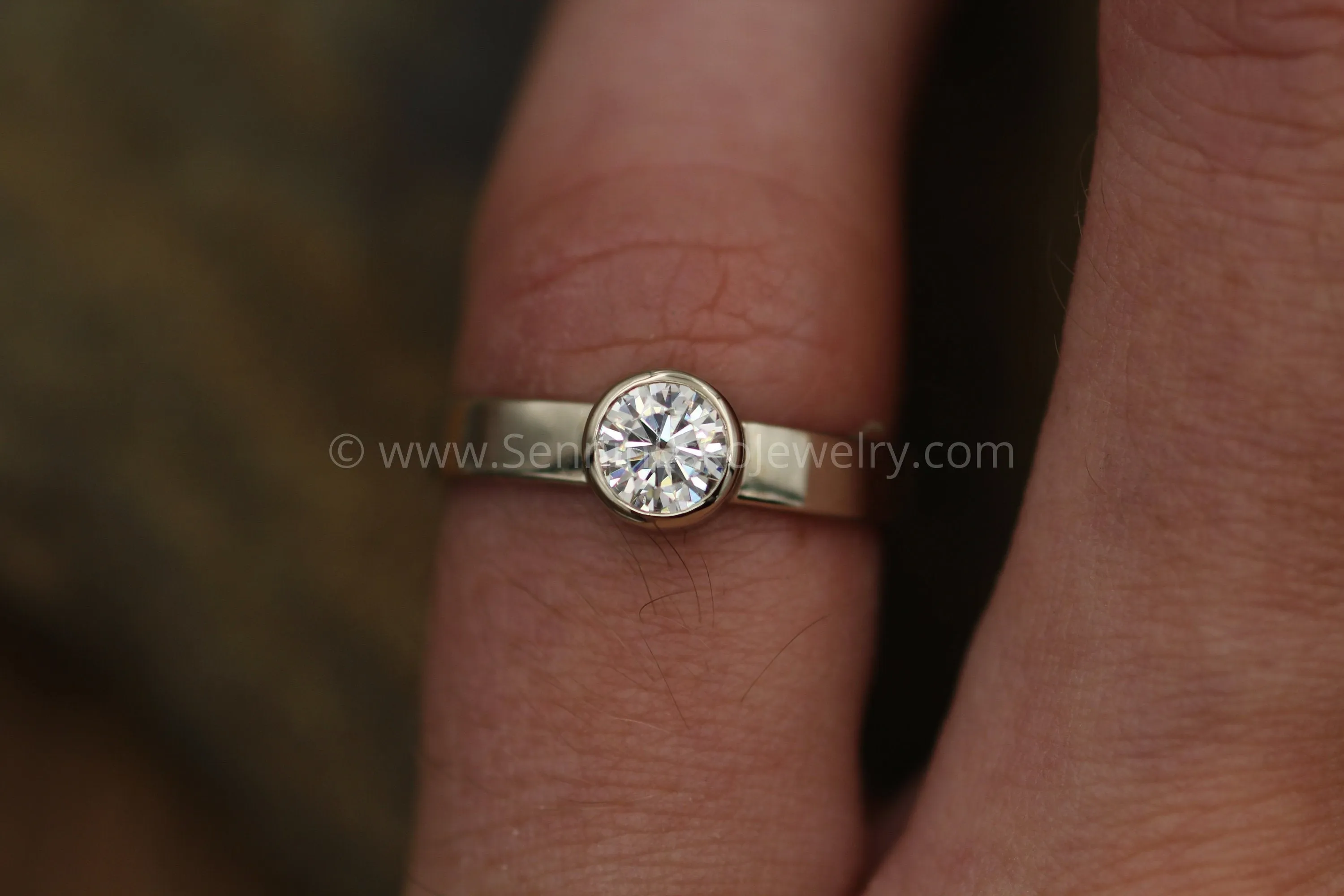 Moissanite Yellow Gold 5mm Glossy Bezel Engagement Ring - Flat Band