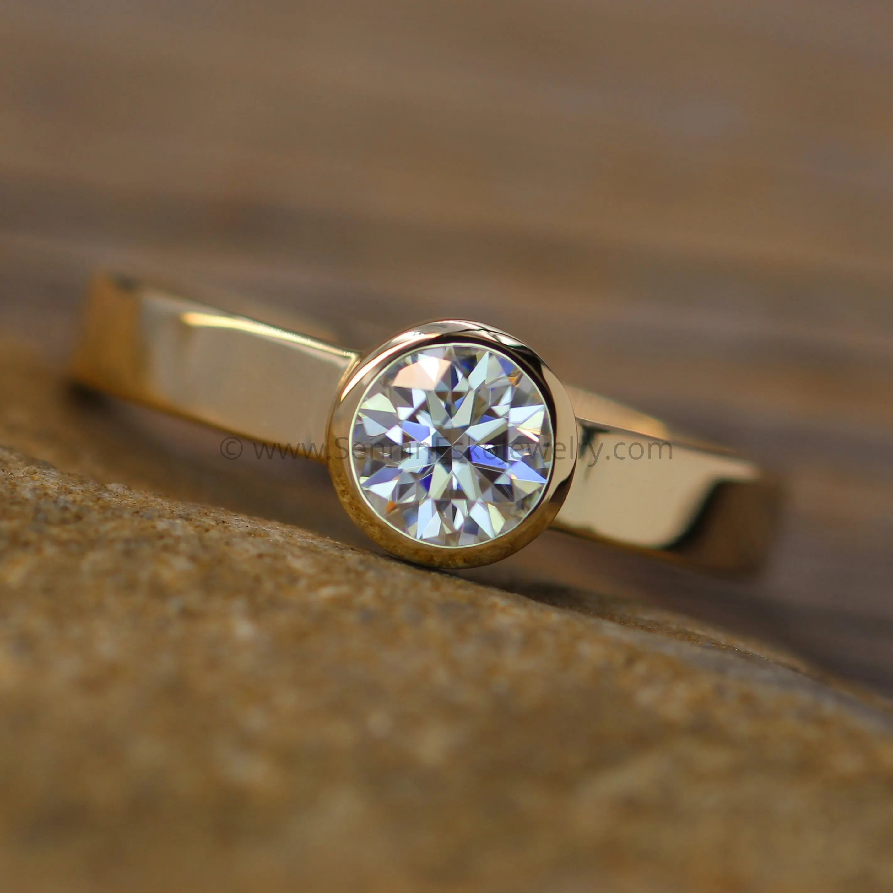 Moissanite Yellow Gold 5mm Glossy Bezel Engagement Ring - Flat Band