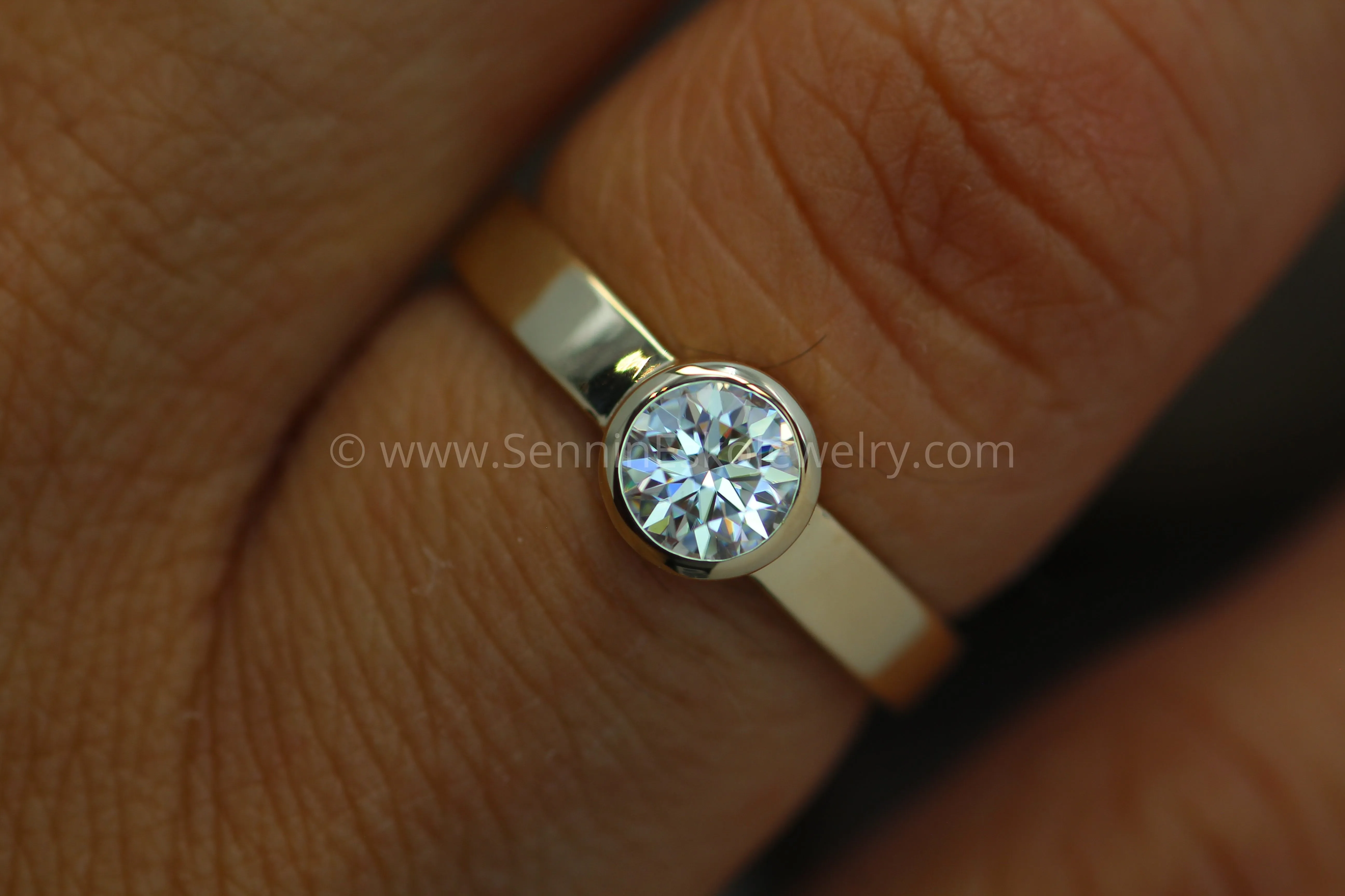 Moissanite Yellow Gold 5mm Glossy Bezel Engagement Ring - Flat Band