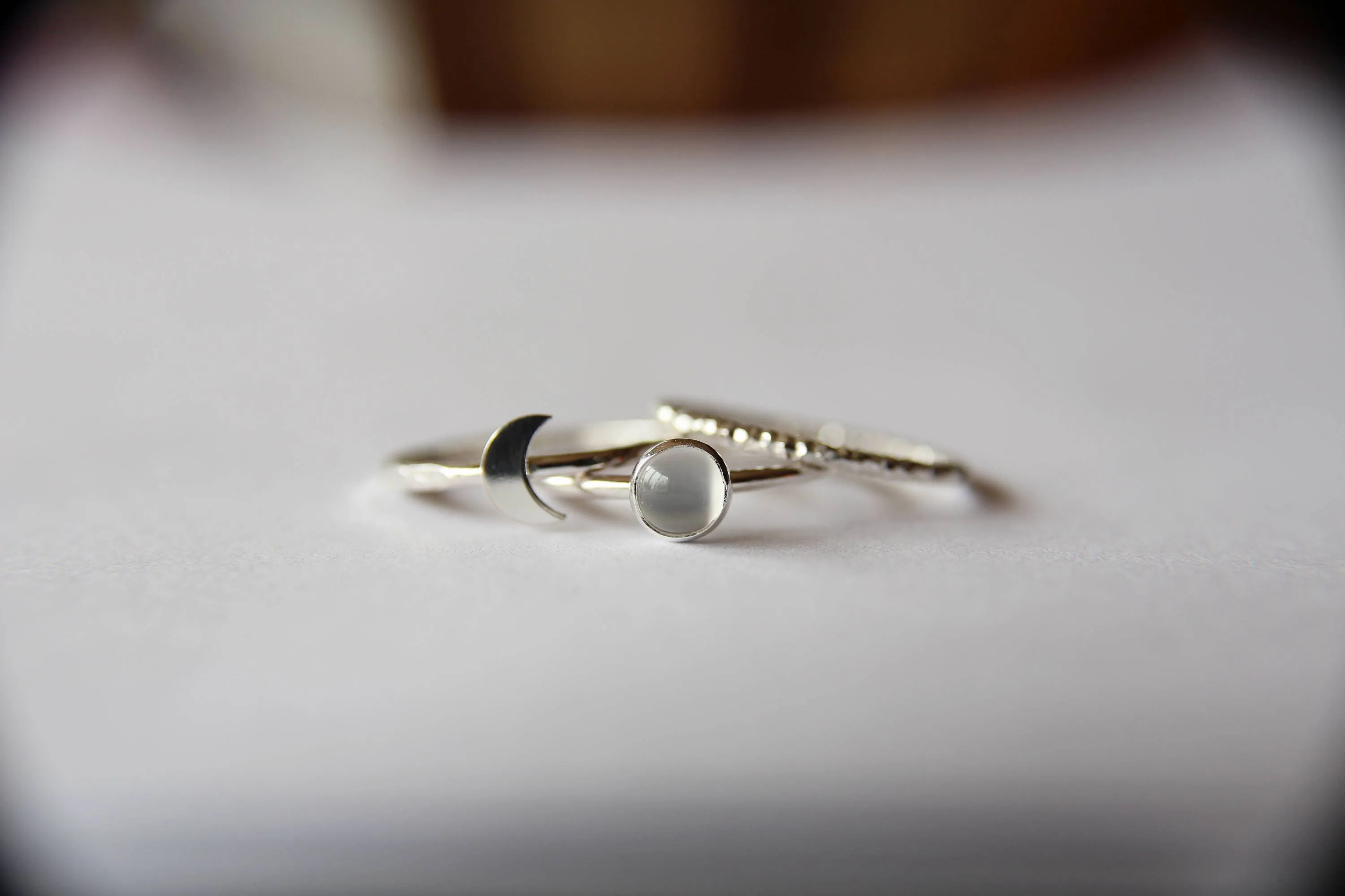 Moon Ring Set,Modern Stacking Set,Contemporary Moonstone Stacking Set,Crescent Moon Ring Set,Textured Rings,Silver Ring Set, White Moonstone