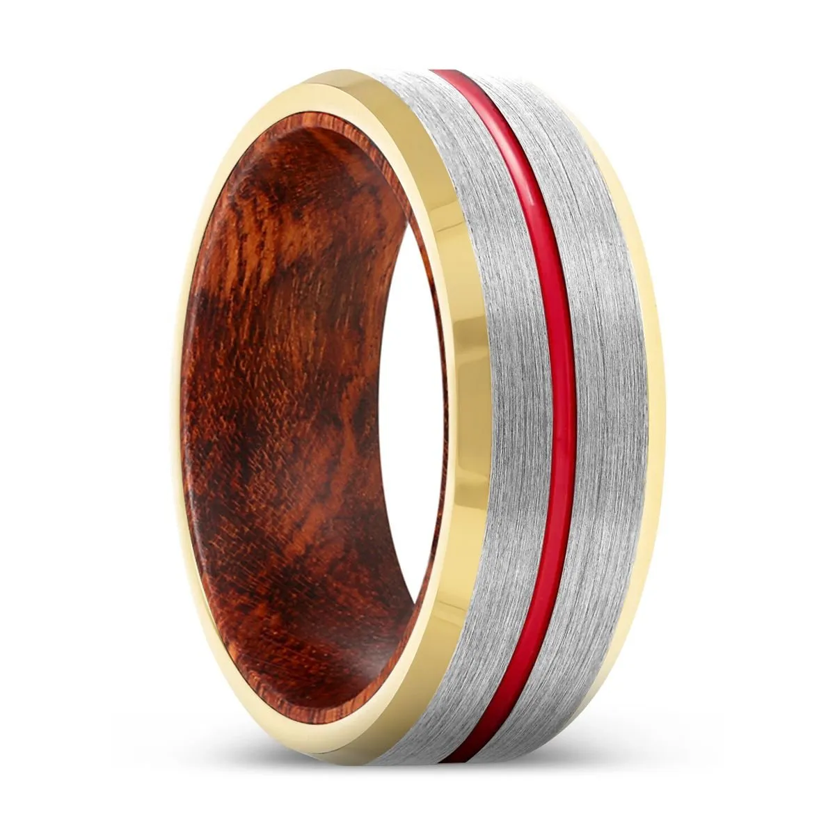 MOXI | Snake Wood, Silver Tungsten Ring, Red Groove, Gold Beveled Edge