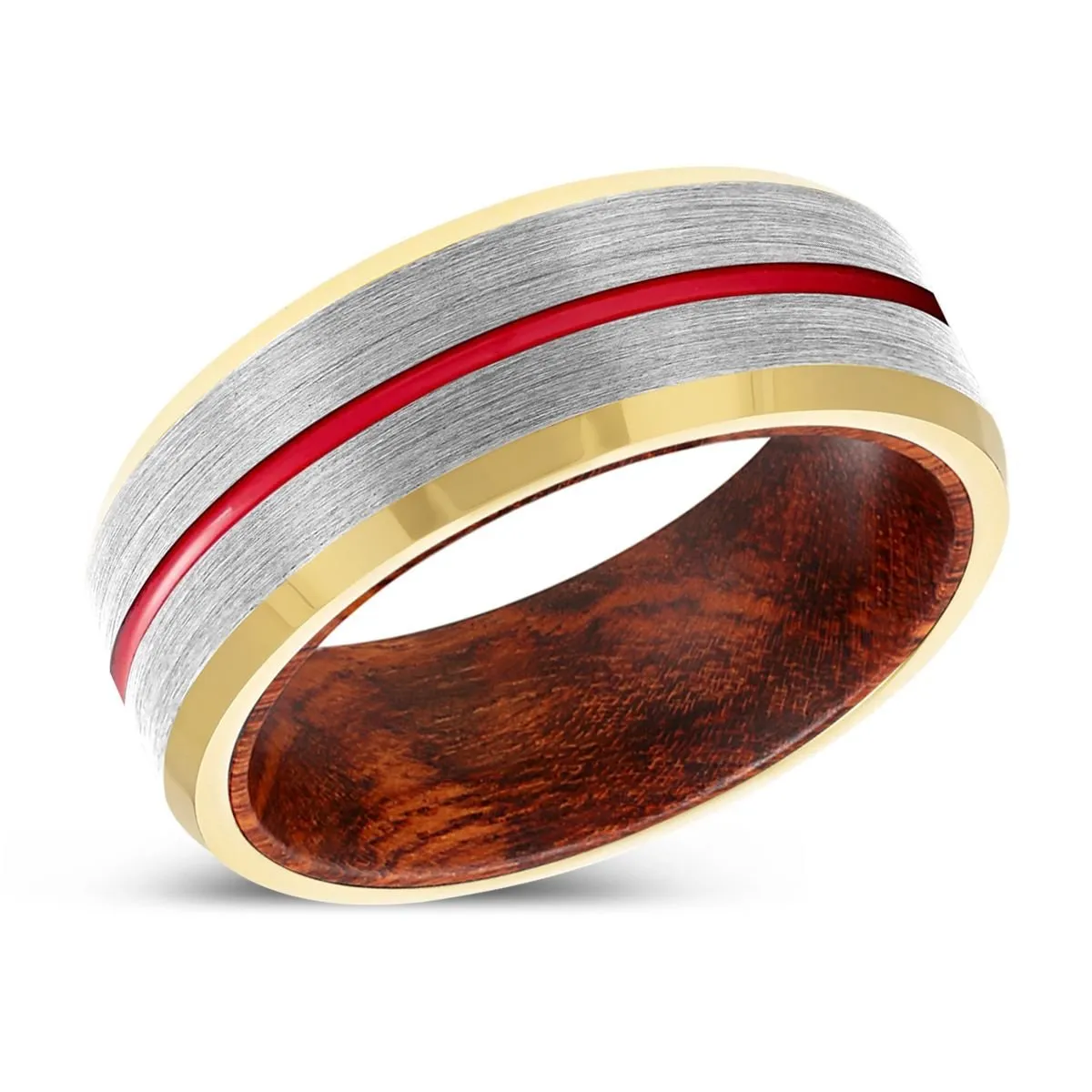 MOXI | Snake Wood, Silver Tungsten Ring, Red Groove, Gold Beveled Edge