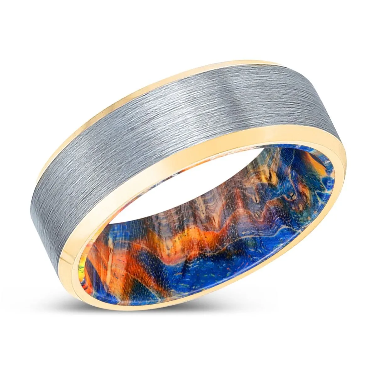 MUBARAK | Blue & Yellow/Orange Wood, Brushed, Silver Tungsten Ring, Gold Beveled Edges