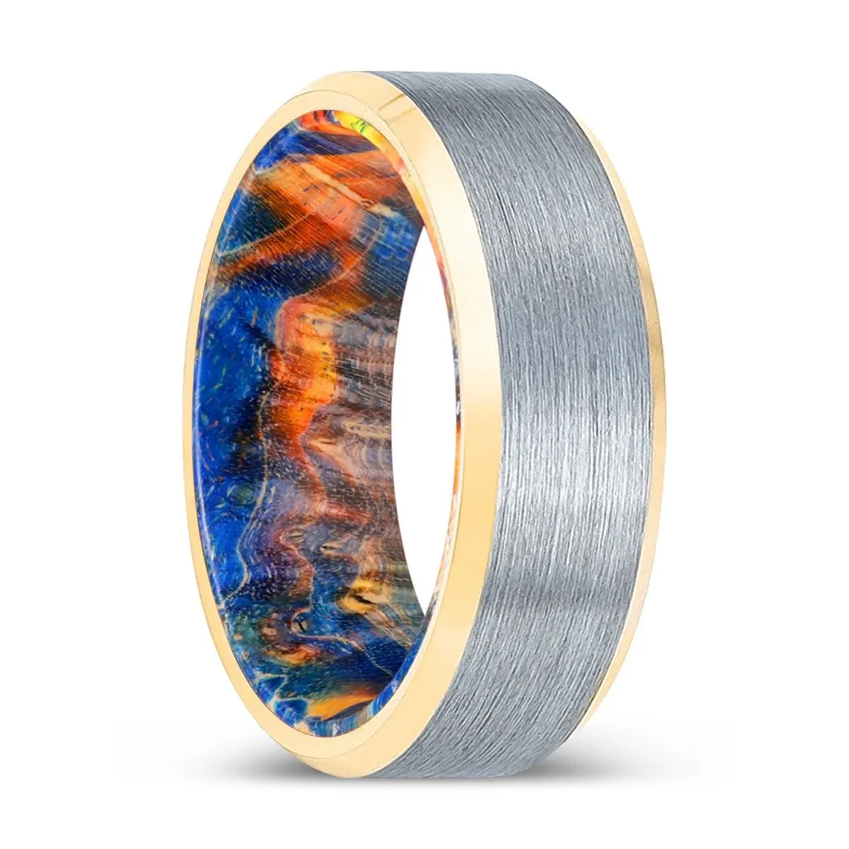 MUBARAK | Blue & Yellow/Orange Wood, Brushed, Silver Tungsten Ring, Gold Beveled Edges