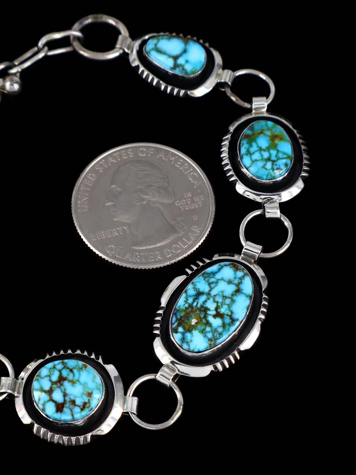 Native American Sterling Silver Kingman Turquoise Link Bracelet