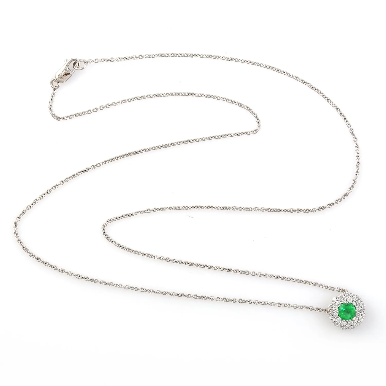 Natural Emerald & Double Halo Diamond Pendant Chain Necklace In 14k White Gold