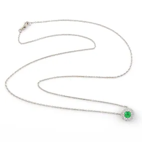 Natural Emerald & Double Halo Diamond Pendant Chain Necklace In 14k White Gold