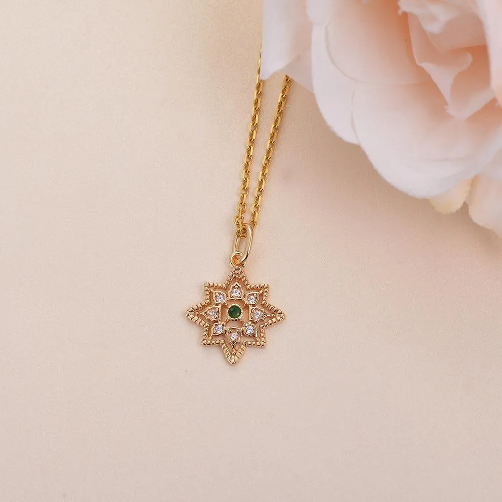 Natural Emerald & Moissanite Vintage Inspired Rose Gold Necklace