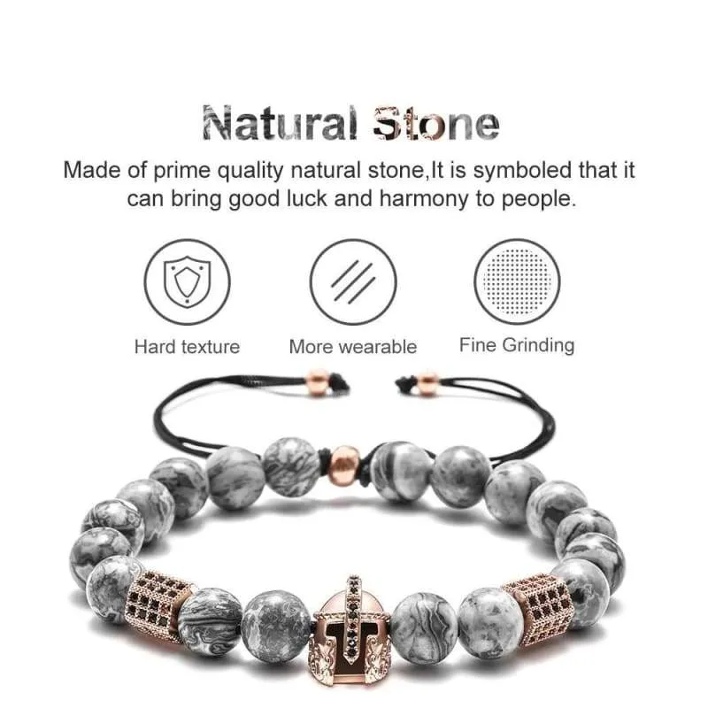 Natural Gemstone Bead Bracelets - 8mm Natural Maps Stone Picasso Stone Beads Bracelet  Men Women Stress Relief Yoga Beads Elastic Semi-Precious Gemstone Bracelet Knight Head Charm Bangle