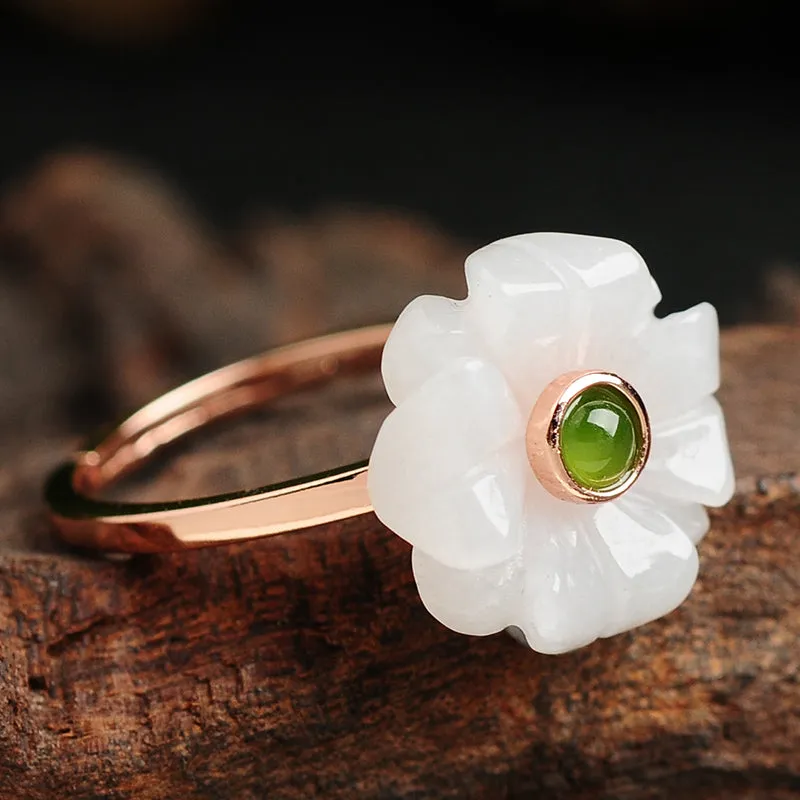 Natural Jadeite&Nephrite Adjustable Jade Flower Ring WR21