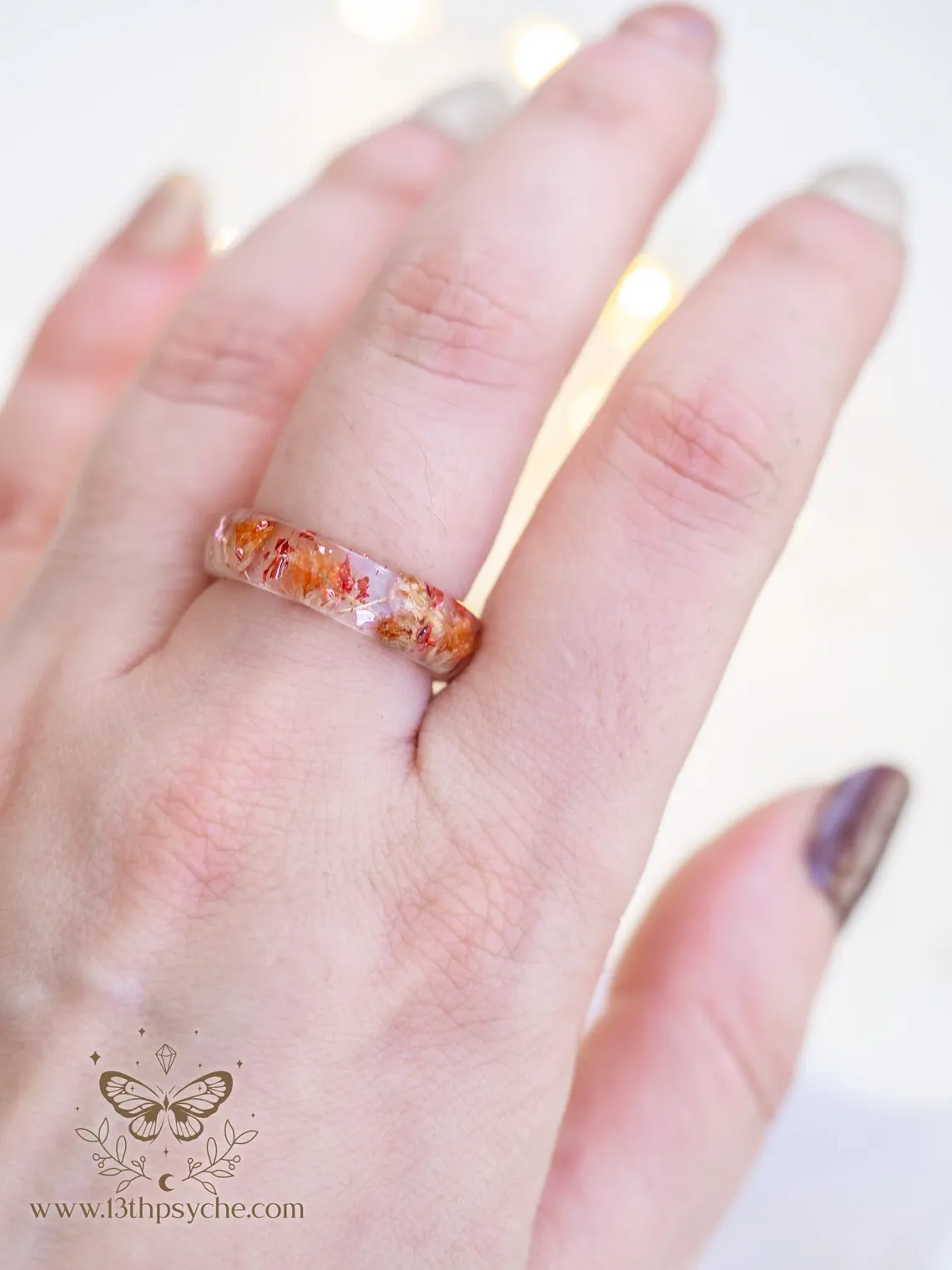 Orange baby's breath flowers resin ring