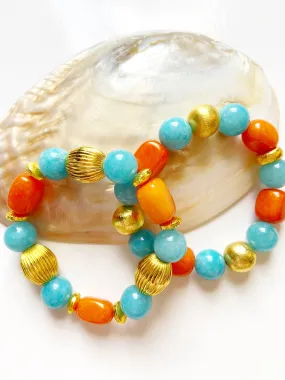 Orange Carnelian & Aquamarine Gemstone Gold Bracelet(s)