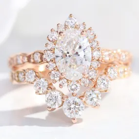 Oval Diamond Halo Scalloped Ring Set w/ Lab Diamond and Large 7 Stone Wedding Band