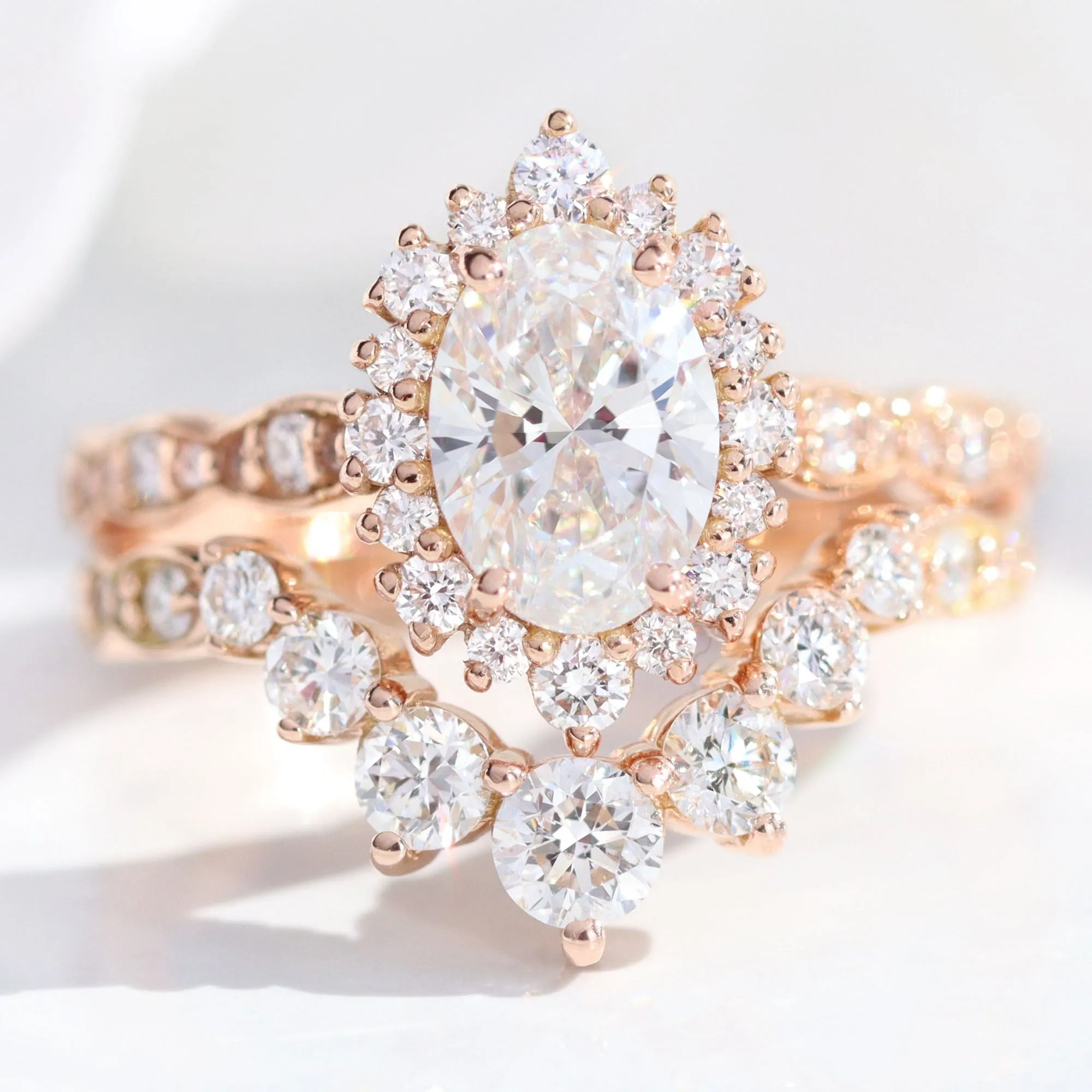 Oval Diamond Halo Scalloped Ring Set w/ Lab Diamond and Large 7 Stone Wedding Band