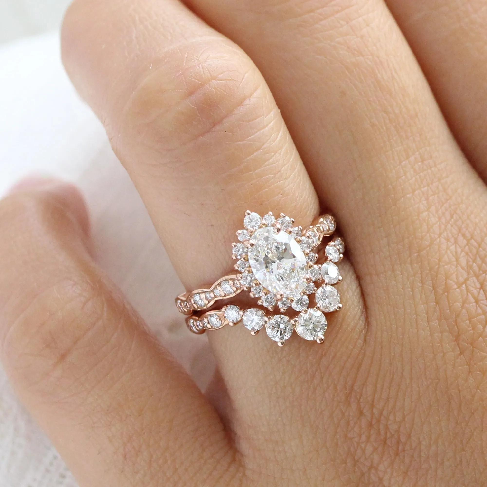 Oval Diamond Halo Scalloped Ring Set w/ Lab Diamond and Large 7 Stone Wedding Band