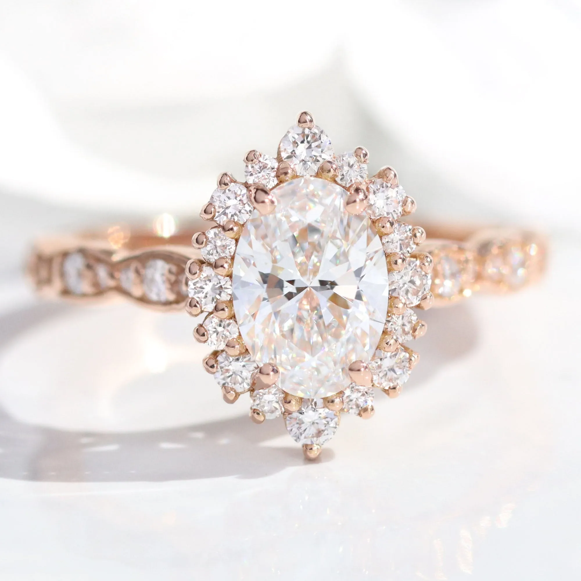 Oval Diamond Halo Scalloped Ring Set w/ Lab Diamond and Large 7 Stone Wedding Band