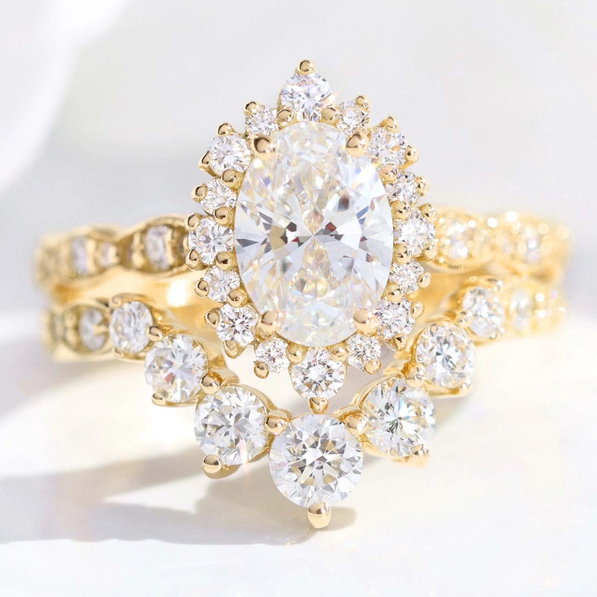 Oval Diamond Halo Scalloped Ring Set w/ Lab Diamond and Large 7 Stone Wedding Band