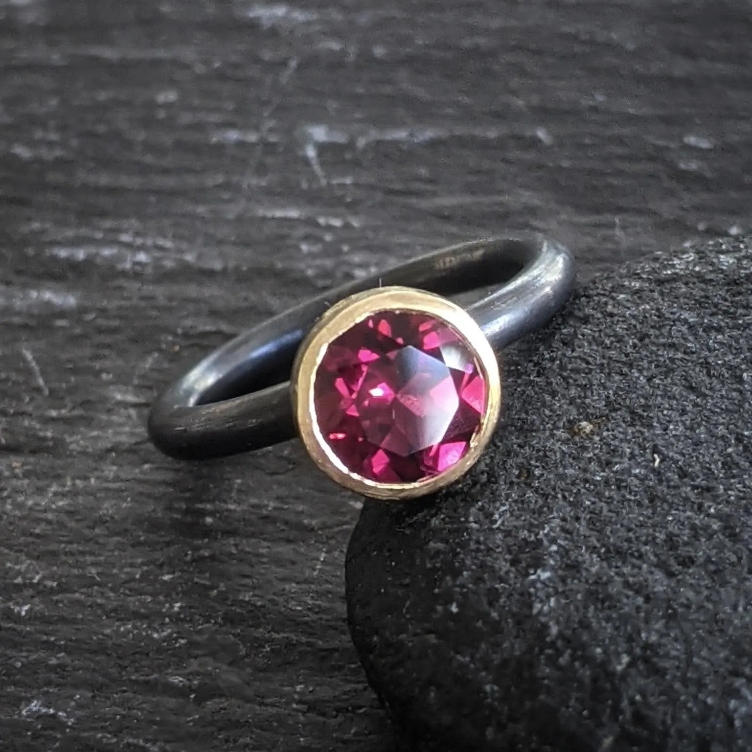 Oxidised Silver and 7.5 mm Rhodalite Garnet Ring