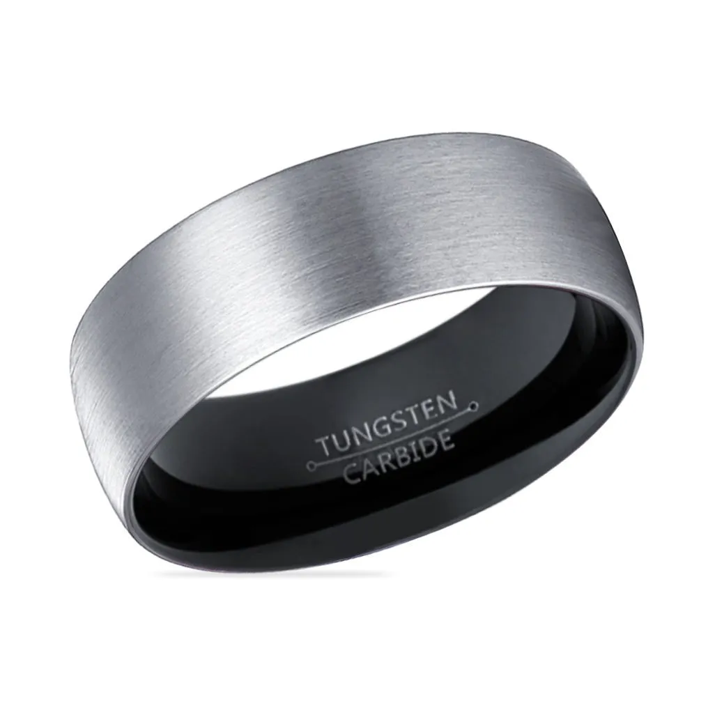 PANGO | Black Ring, Silver Tungsten Ring, Brushed, Domed