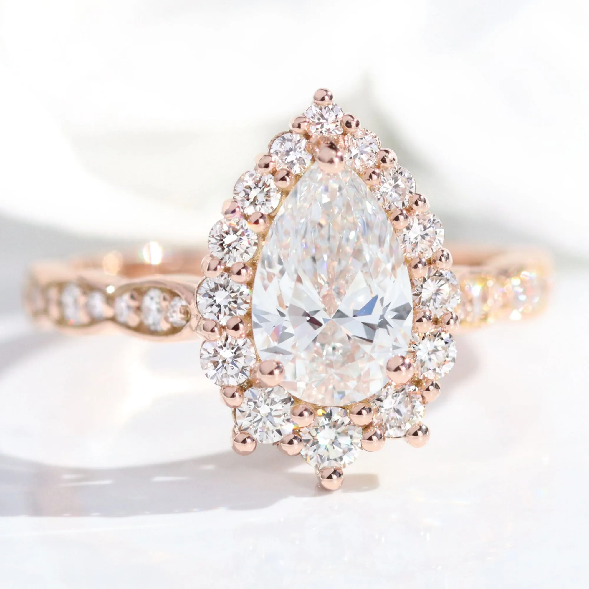 Pear Diamond Halo Scalloped Ring Set w/ Lab Diamond and Matching Wedding Band