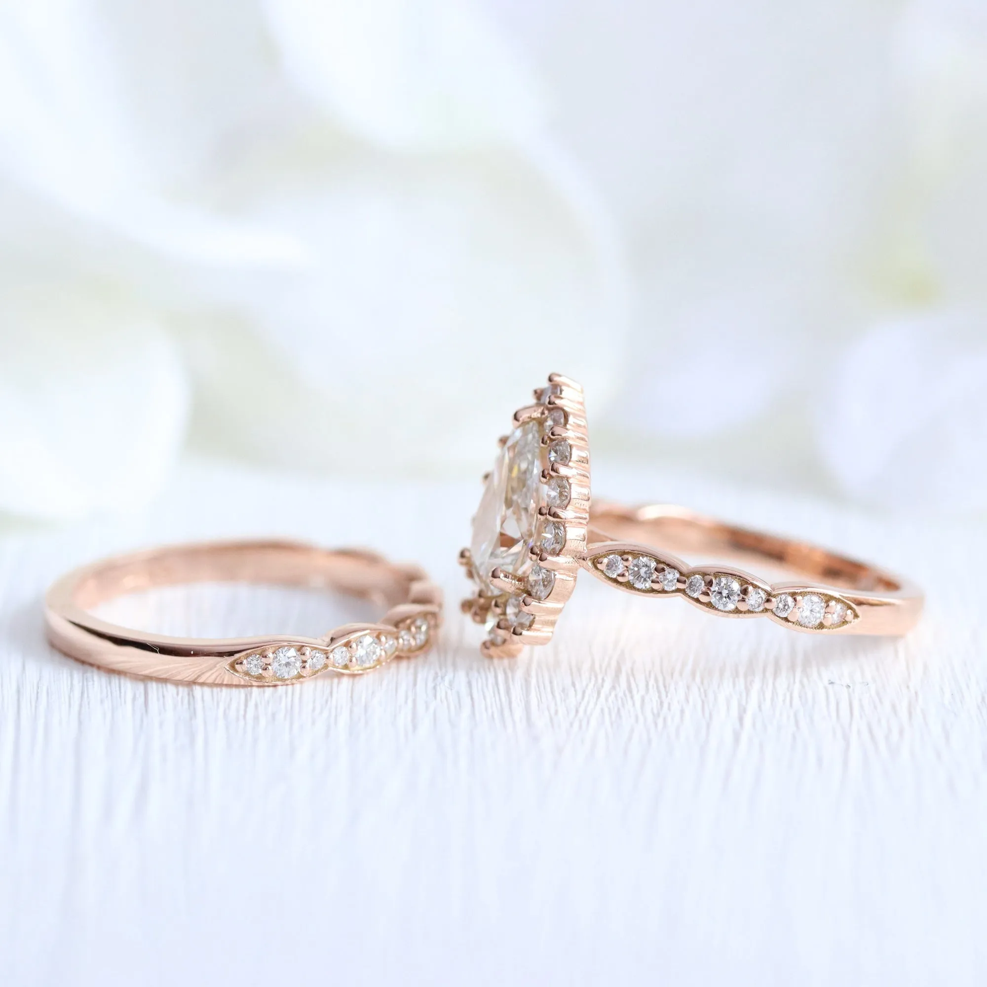 Pear Diamond Halo Scalloped Ring Set w/ Lab Diamond and Matching Wedding Band