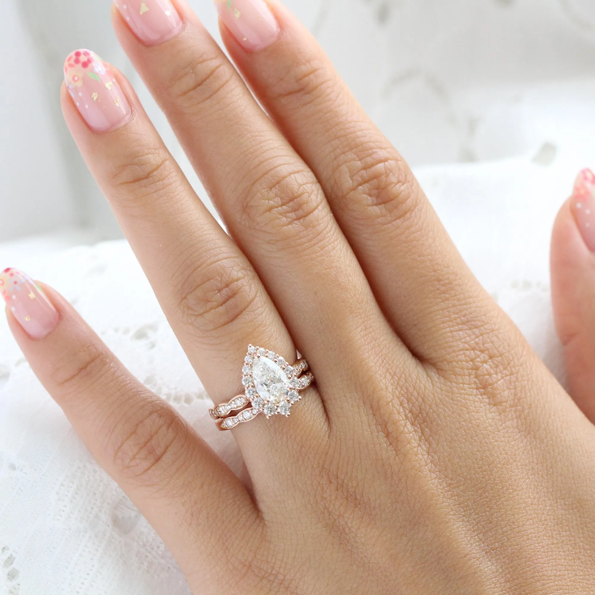 Pear Diamond Halo Scalloped Ring Set w/ Lab Diamond and Matching Wedding Band