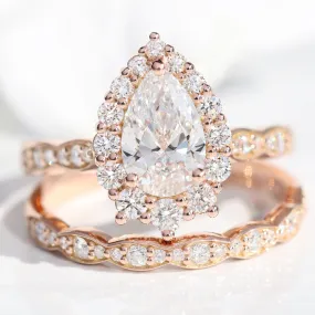 Pear Diamond Halo Scalloped Ring Set w/ Lab Diamond and Matching Wedding Band