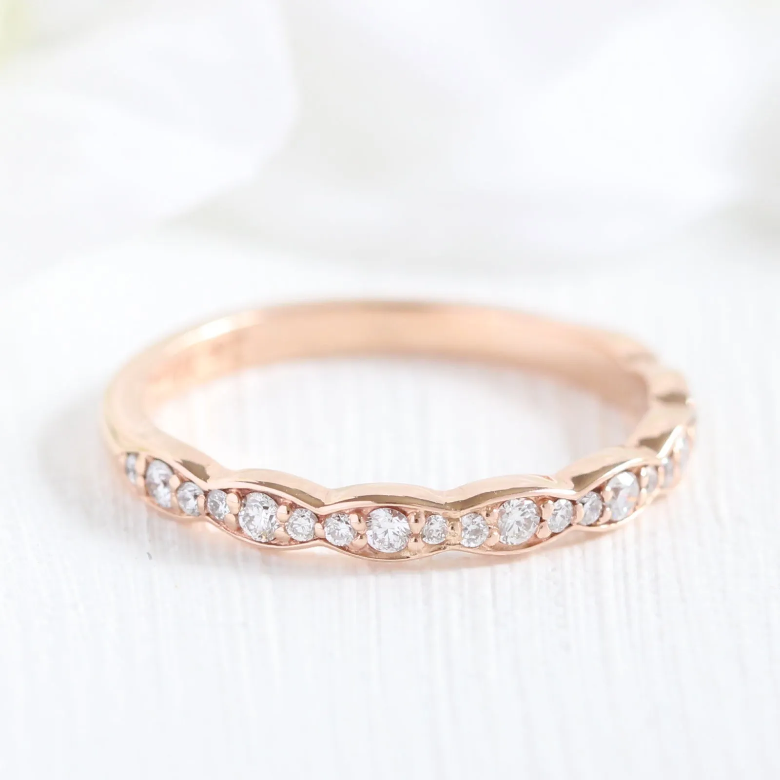 Pear Diamond Halo Scalloped Ring Set w/ Lab Diamond and Matching Wedding Band