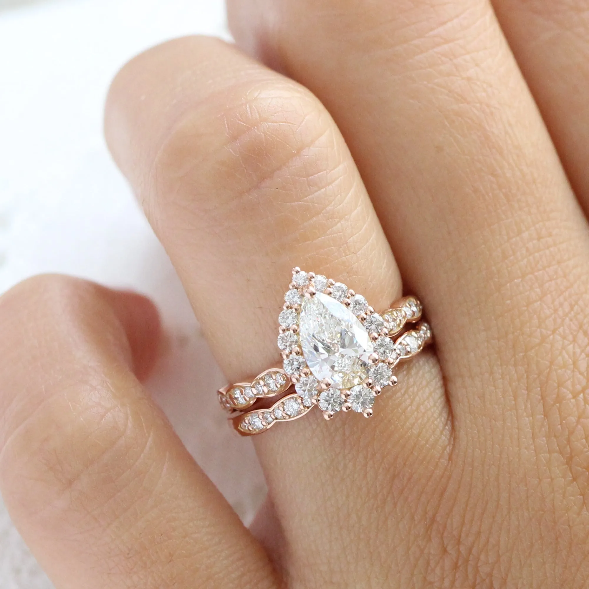 Pear Diamond Halo Scalloped Ring Set w/ Lab Diamond and Matching Wedding Band