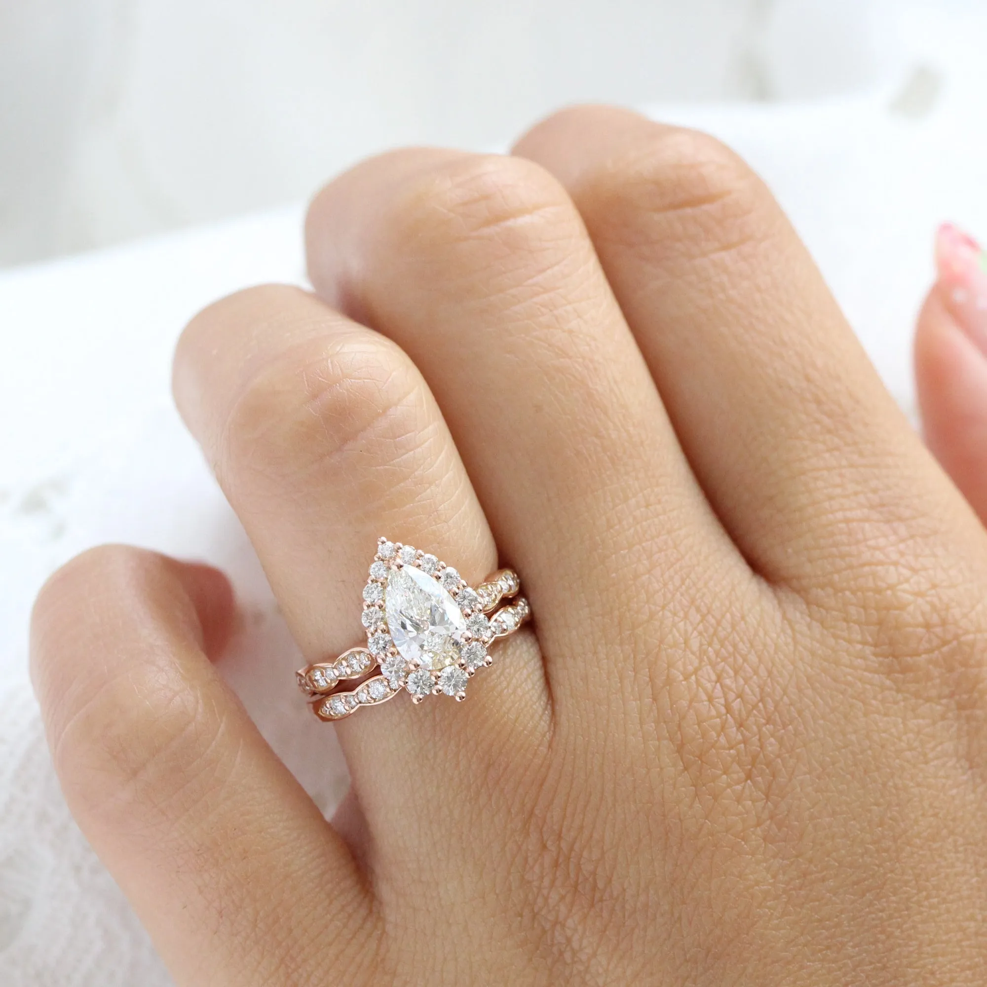 Pear Diamond Halo Scalloped Ring Set w/ Lab Diamond and Matching Wedding Band