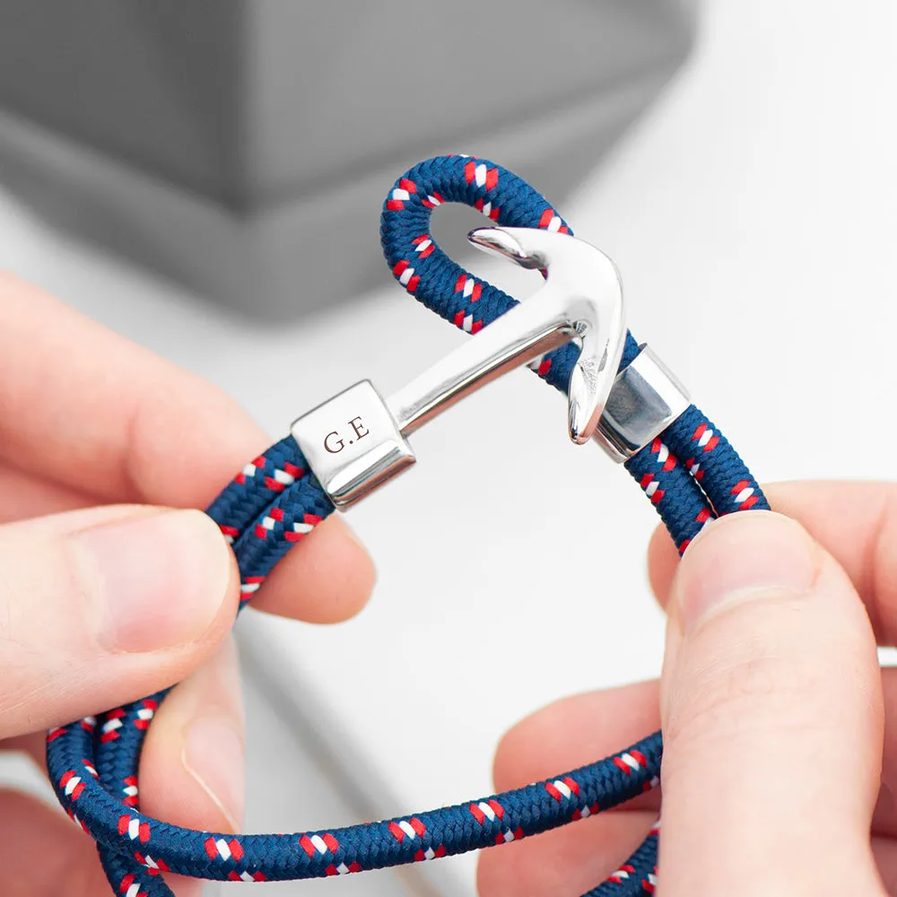 Personalised Mens Blue Rope Nautical Anchor Bracelet