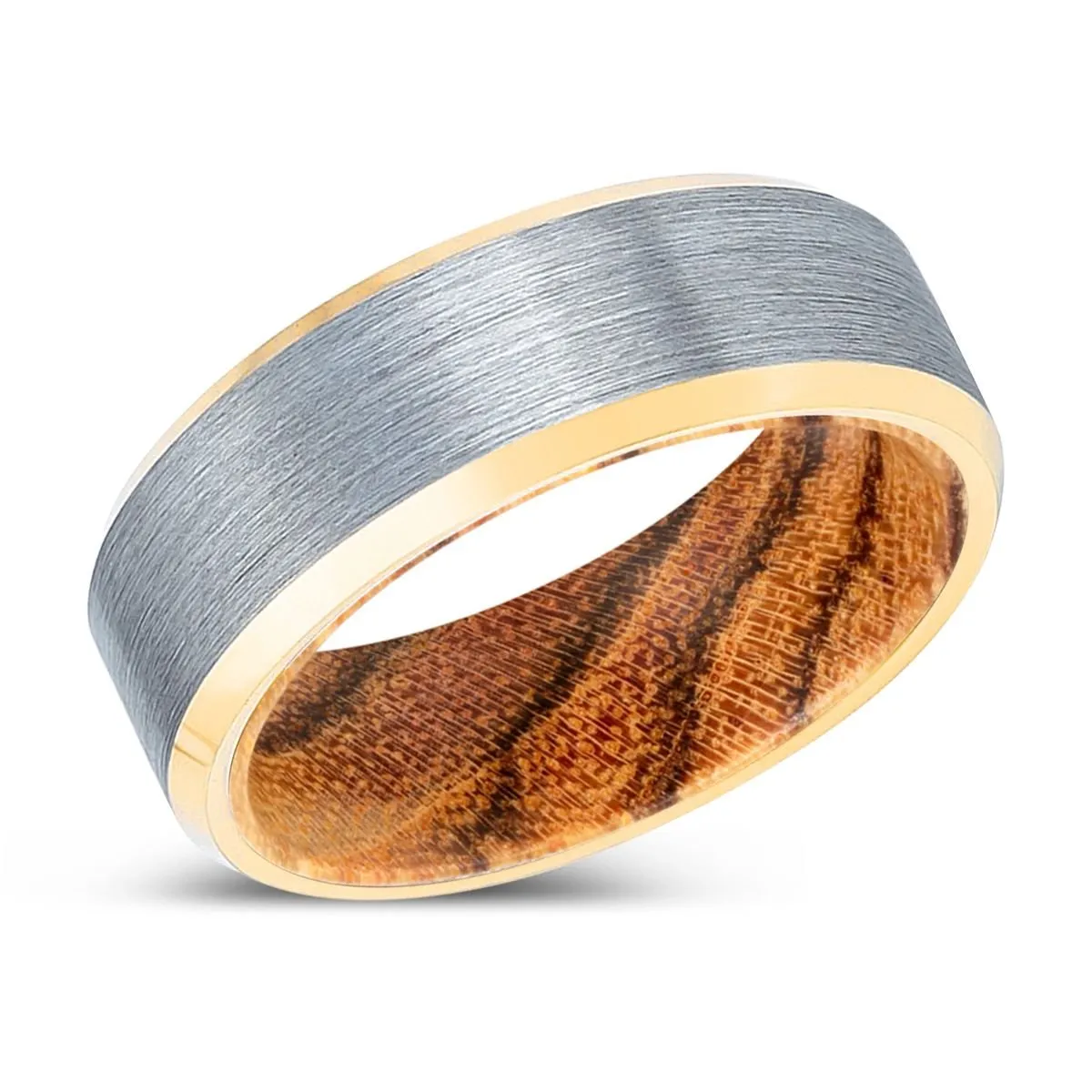 PINETOOTH | Bocote Wood, Brushed, Silver Tungsten Ring, Gold Beveled Edges