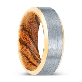 PINETOOTH | Bocote Wood, Brushed, Silver Tungsten Ring, Gold Beveled Edges