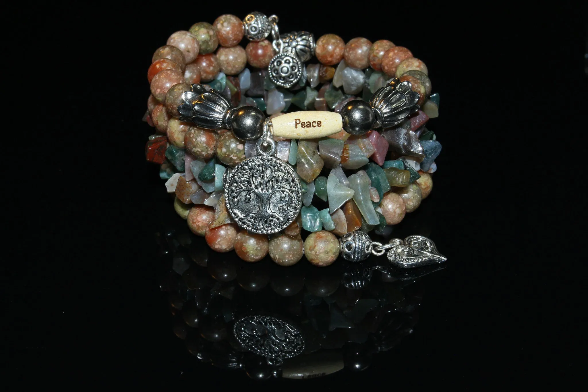 Pink Jasper And Indian Agate Gemstone, Charms Cuff Wrap Bracelet And Earrings Set.