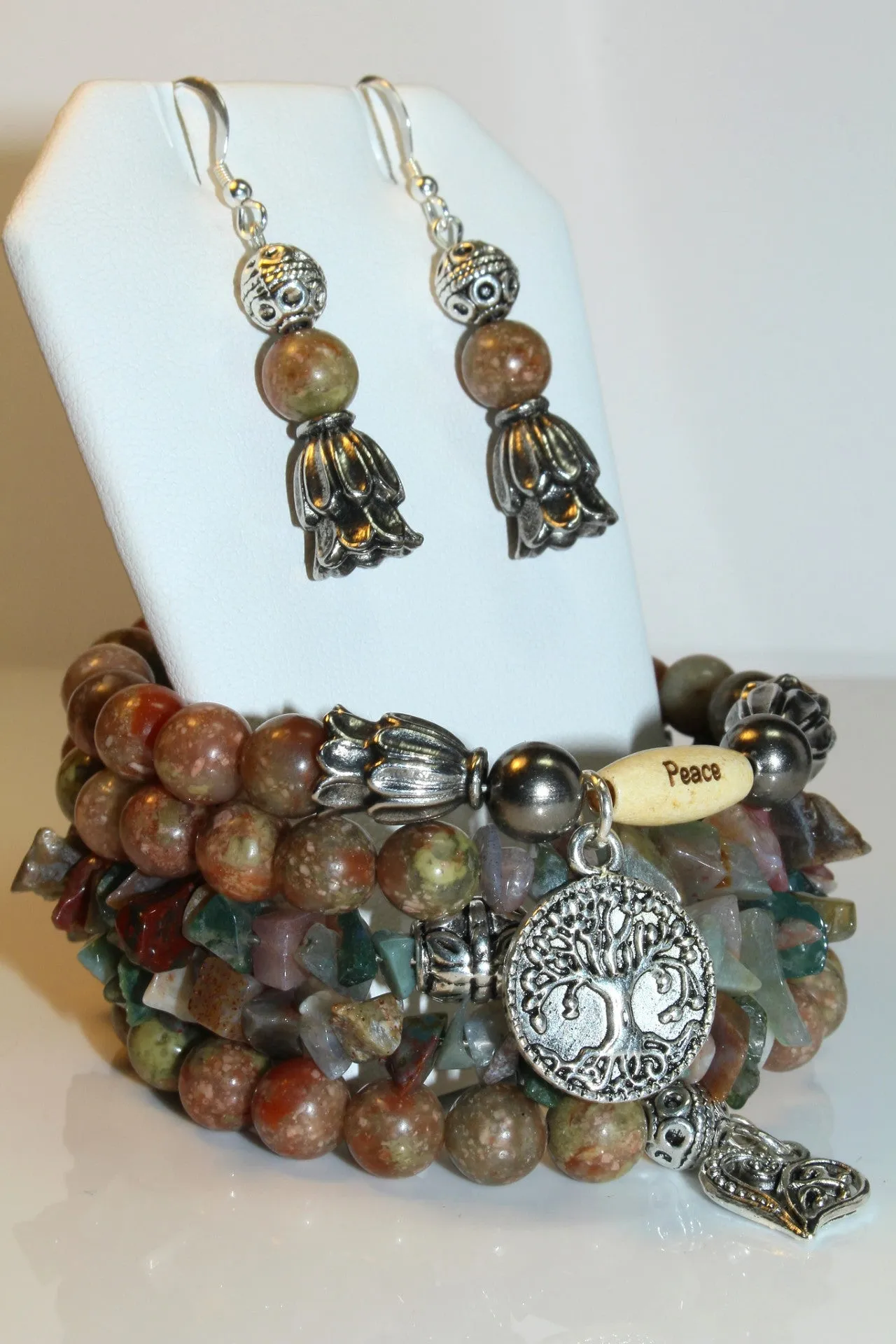 Pink Jasper And Indian Agate Gemstone, Charms Cuff Wrap Bracelet And Earrings Set.