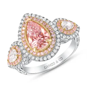 Pink Pear Shaped Natural Diamond Halo Engagement Ring