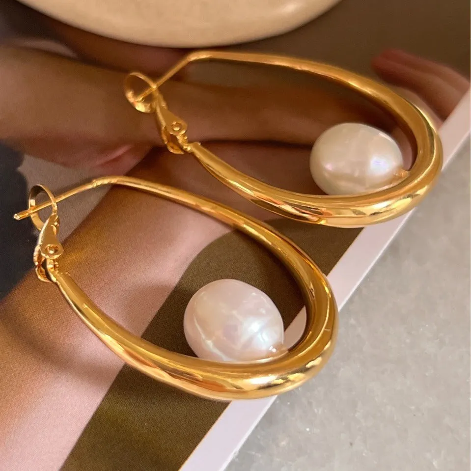 Pre Order: Large Oval Freshwater Pearl Earrings