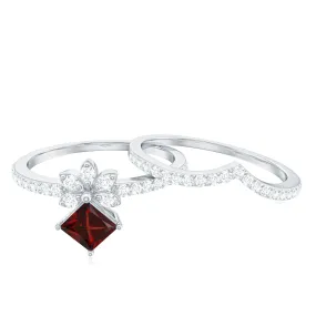 Princess Cut Garnet and Diamond Flower Ring Set