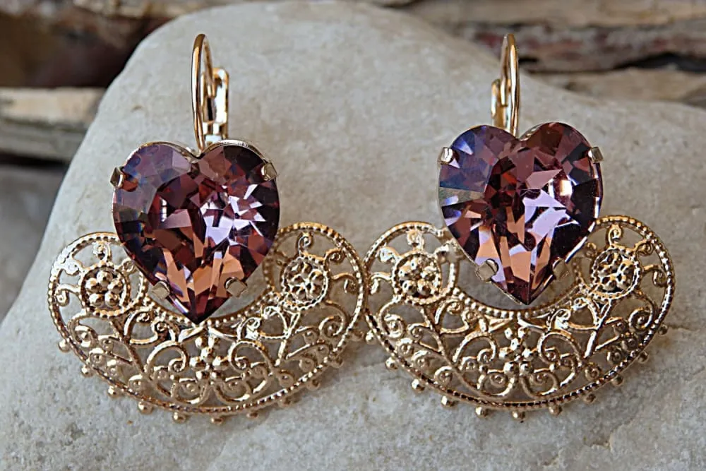 Purple heart earrings