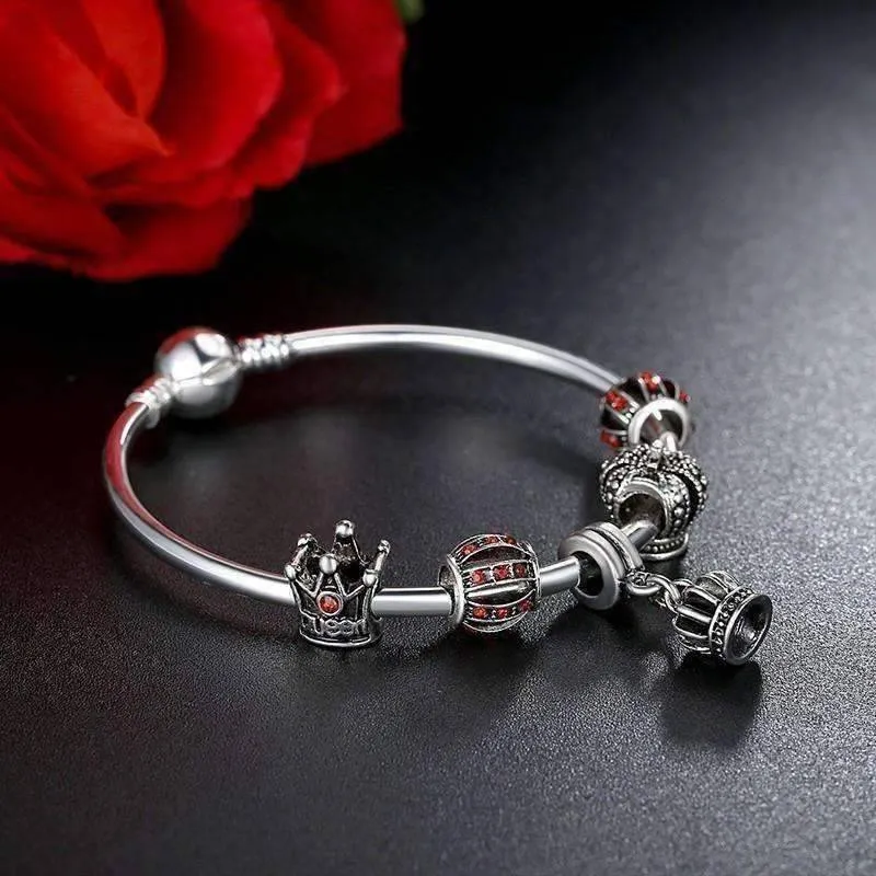 Red Queen Crystal Crown Silver Bangle Bracelet for Woman