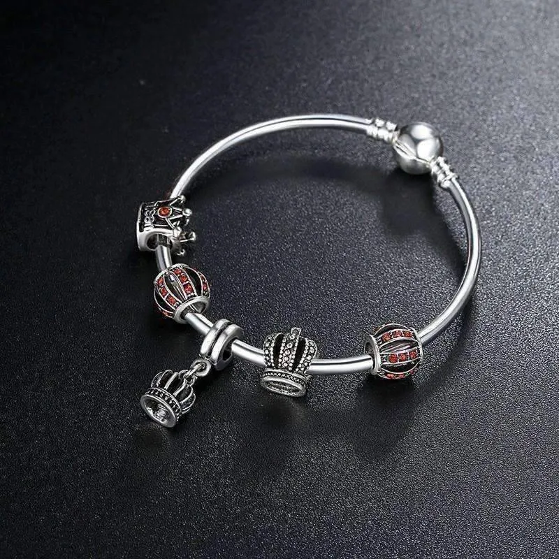 Red Queen Crystal Crown Silver Bangle Bracelet for Woman