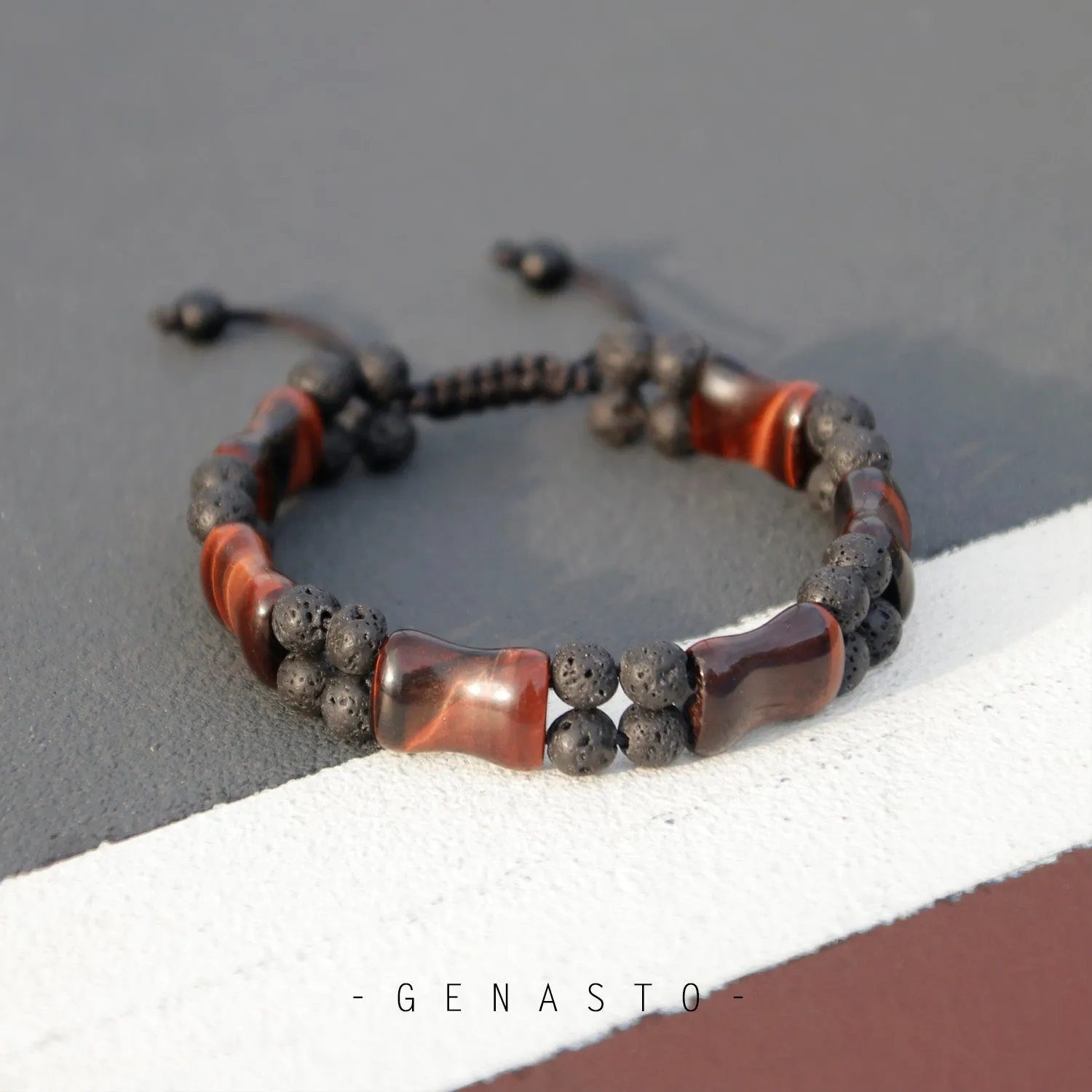 Red Tiger Eye & Lava Rock, Square Flat Beads Bracelet