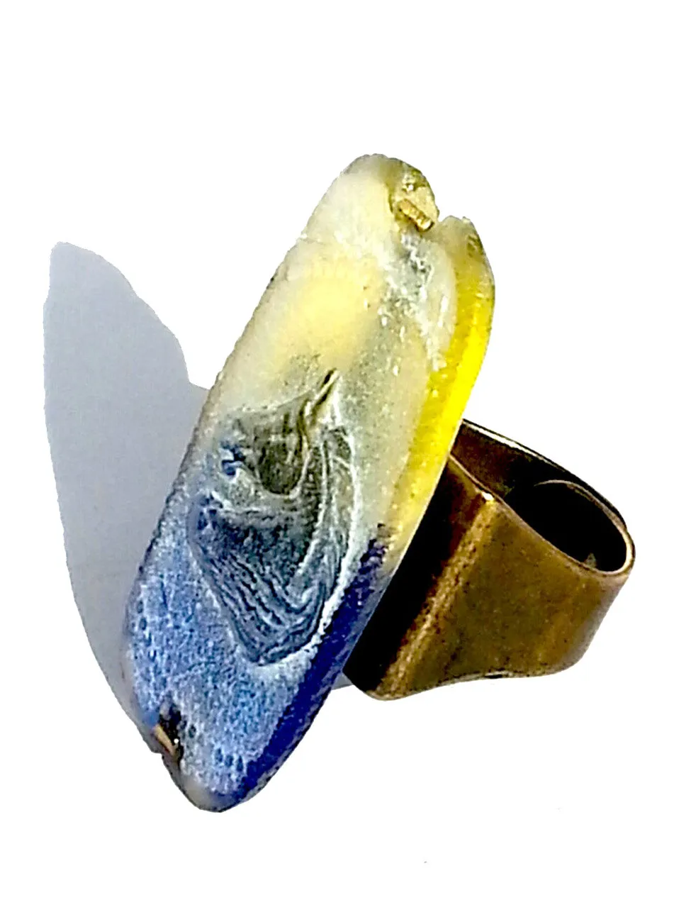 Ring Hand Cast French Glass Horse Blue and Yellow