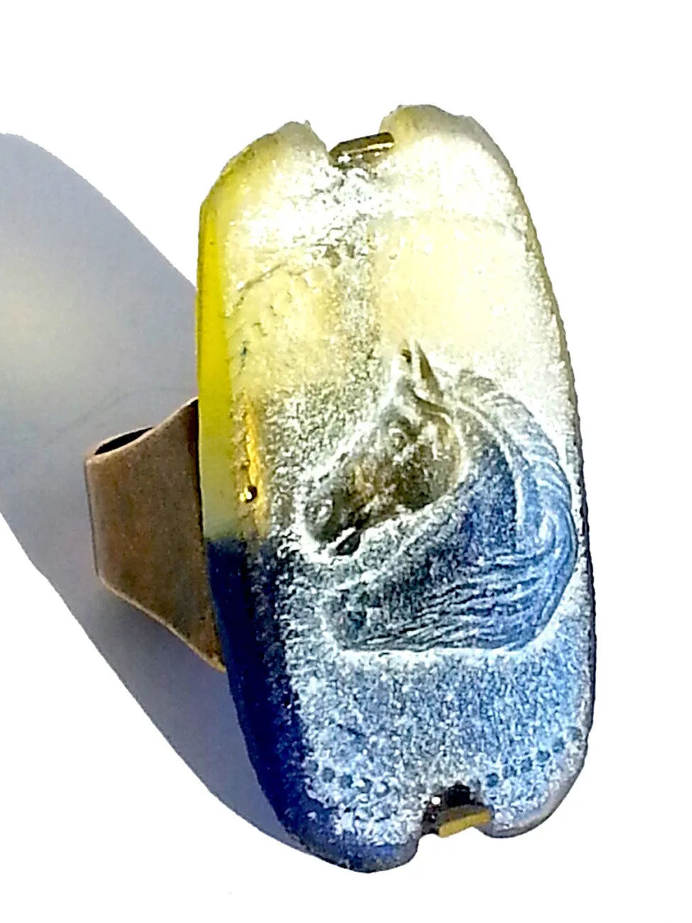 Ring Hand Cast French Glass Horse Blue and Yellow